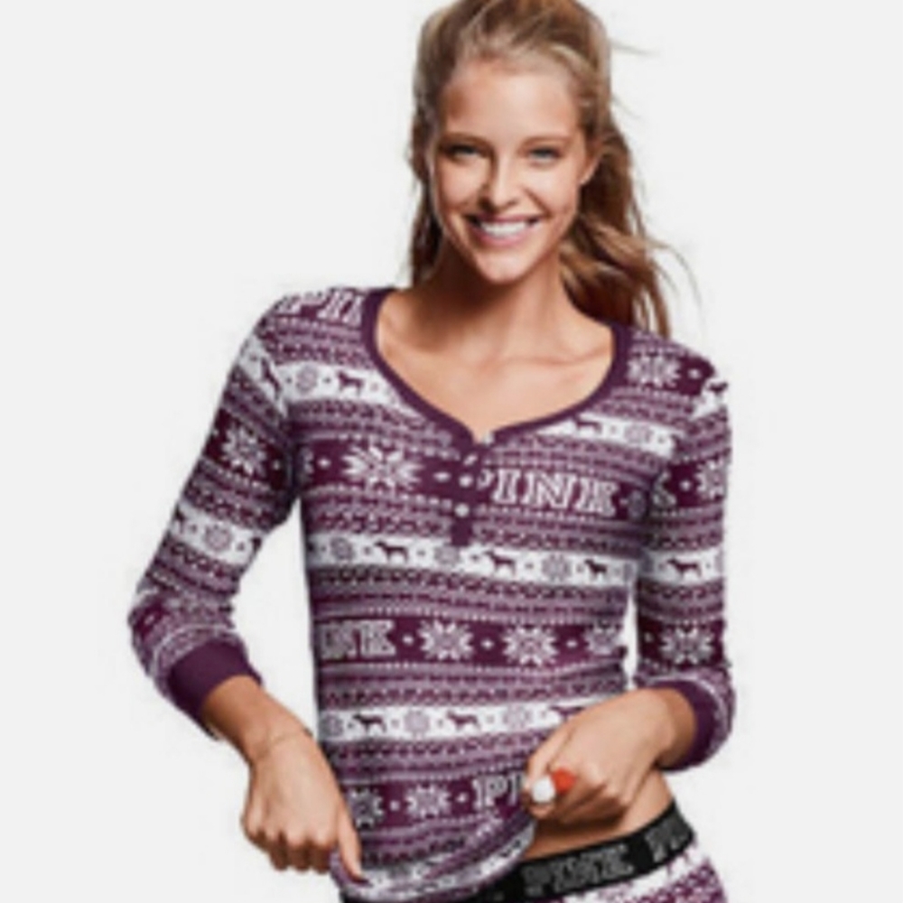 Victoria's Secret Pink Henley Holiday Sleepwear Loungewear Top L
